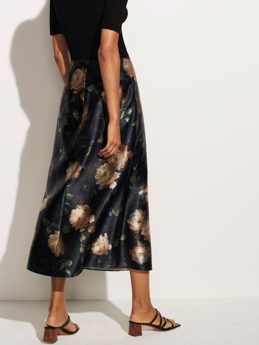 Vince Painted Rose Silk Satin Slip Midi Skirt Floral Black NWT Size 2 10 $295 - Picture 4 of 16